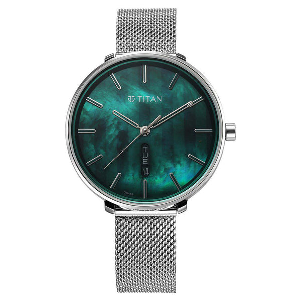 Titan Mother Of Pearl Dial Silver Stainless Steel Strap Analog with Day and Date Watch for Women