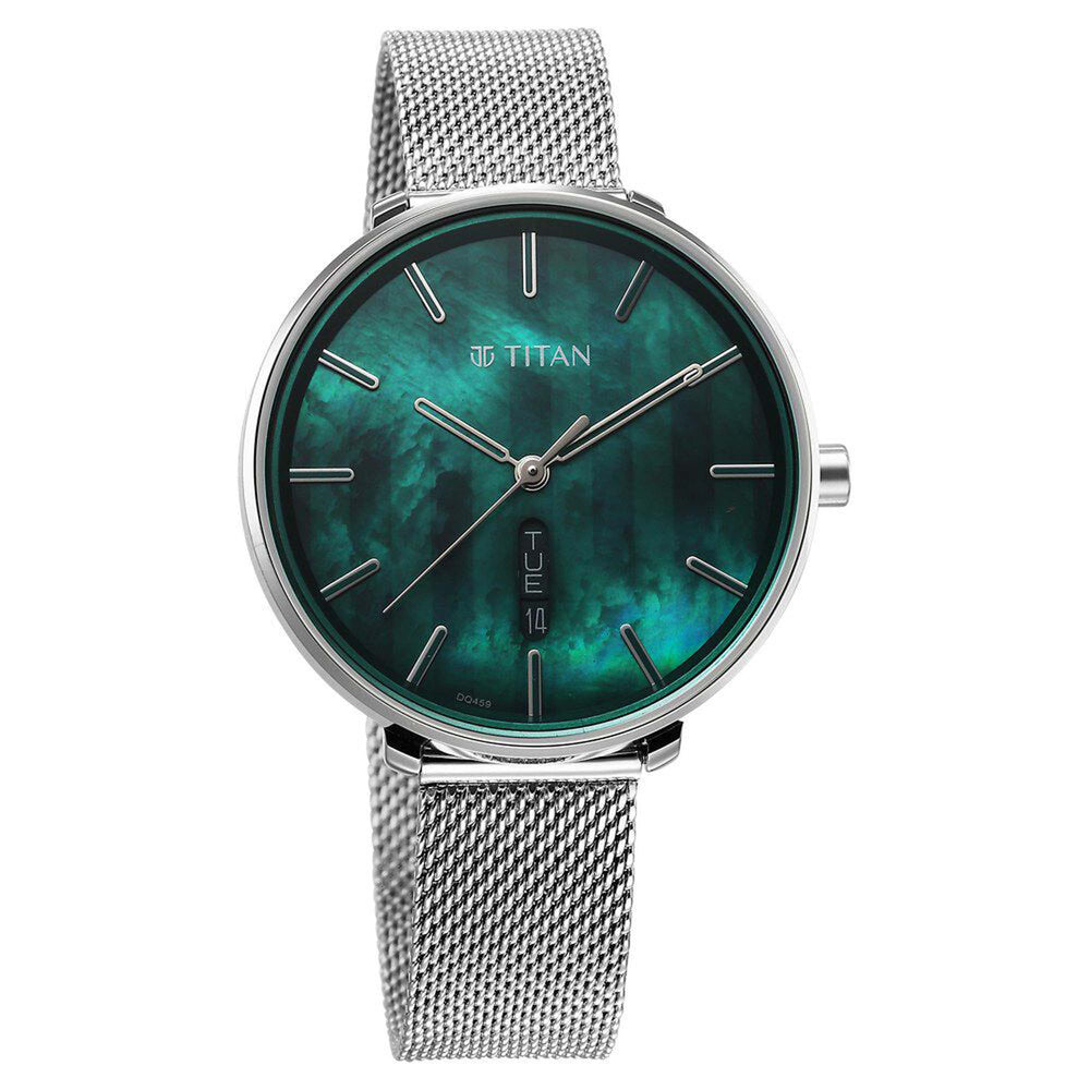 Titan Mother Of Pearl Dial Silver Stainless Steel Strap Analog with Day and Date Watch for Women