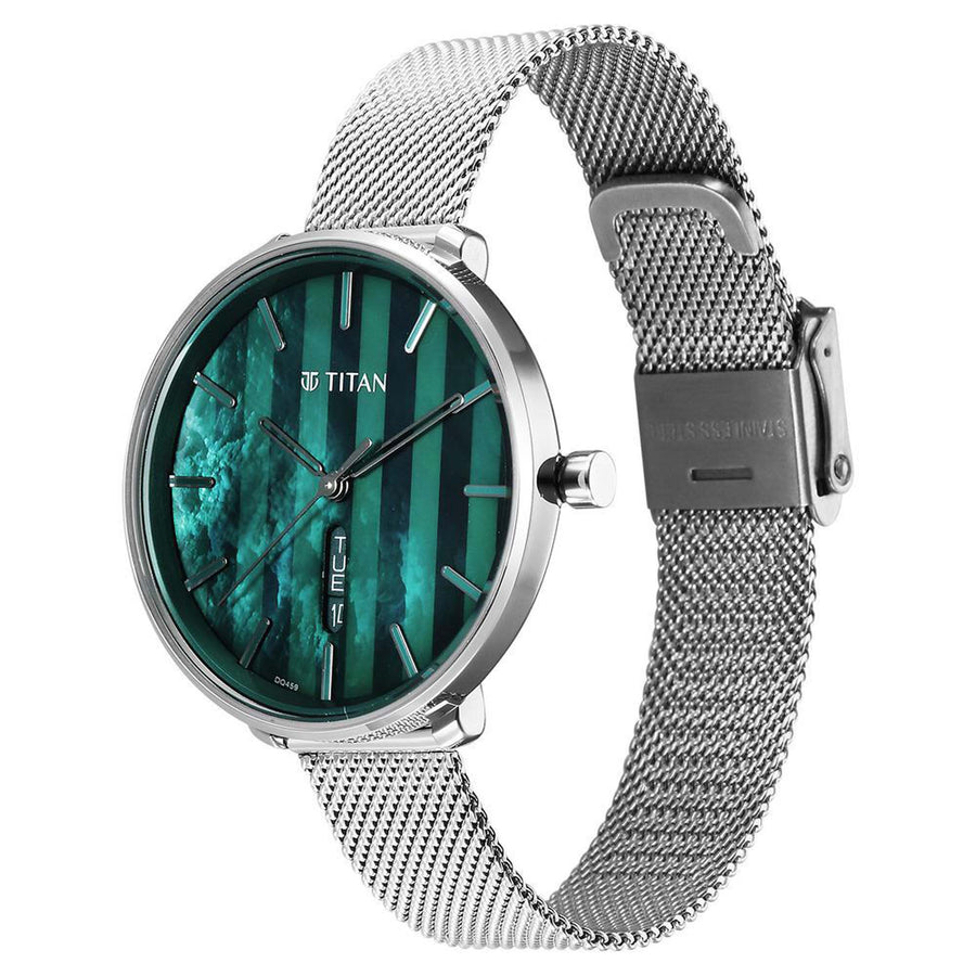 Titan Mother Of Pearl Dial Silver Stainless Steel Strap Analog with Day and Date Watch for Women