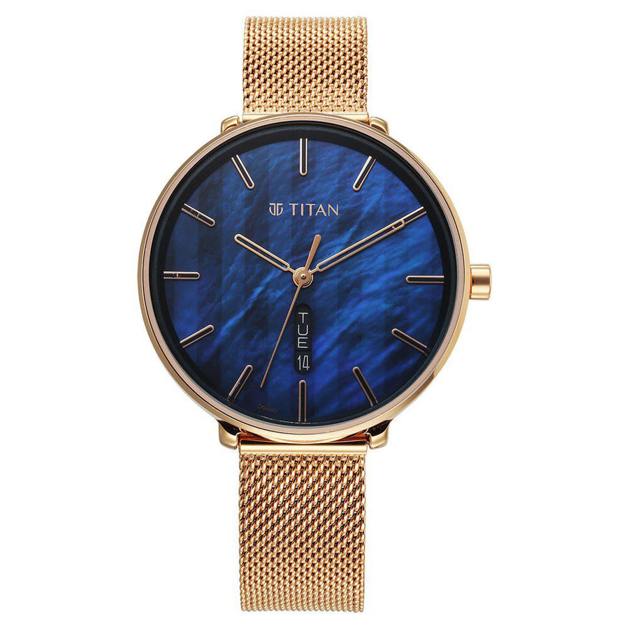 Titan Mother Of Pearl Dial Rose Gold Stainless Steel Strap Analog with Day and Date Watch for Women