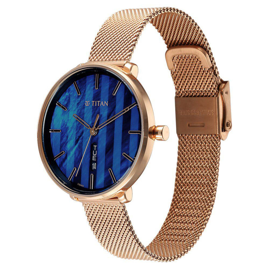 Titan Mother Of Pearl Dial Rose Gold Stainless Steel Strap Analog with Day and Date Watch for Women