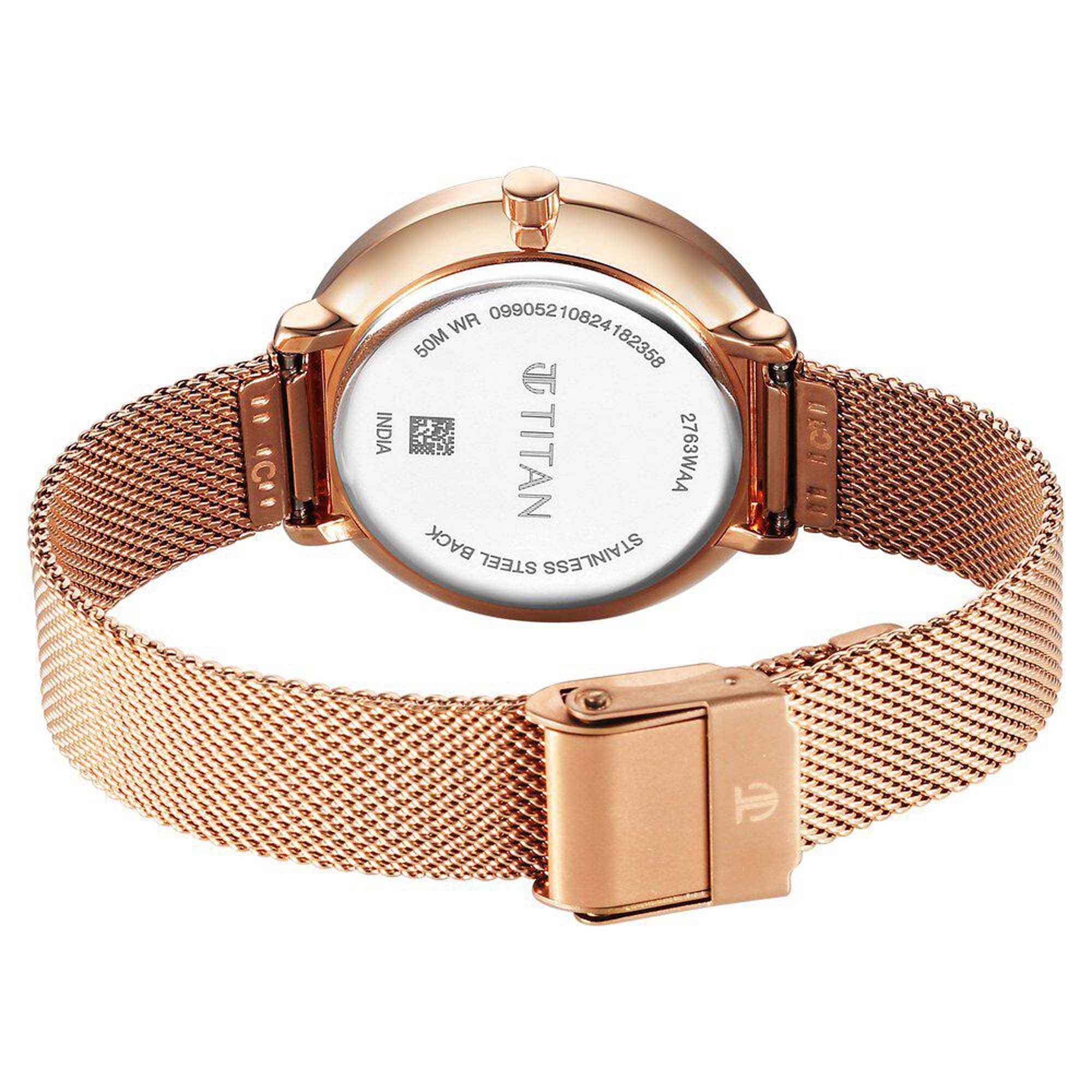 Titan Mother Of Pearl Dial Rose Gold Stainless Steel Strap Analog with Day and Date Watch for Women