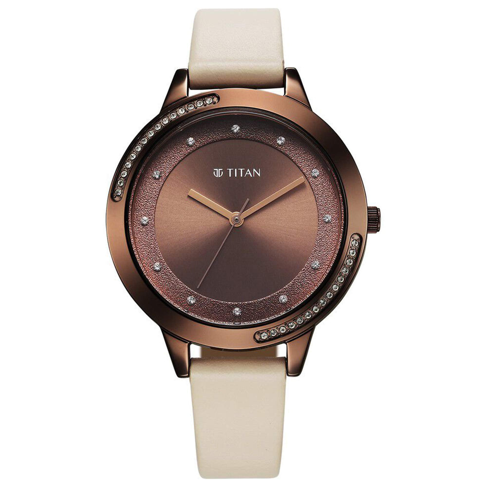 Titan Fashion Brown Dial Beige Leather Strap Analog Watch For Women