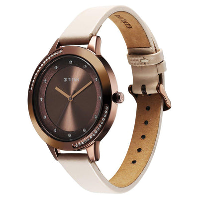 Titan Fashion Brown Dial Beige Leather Strap Analog Watch For Women
