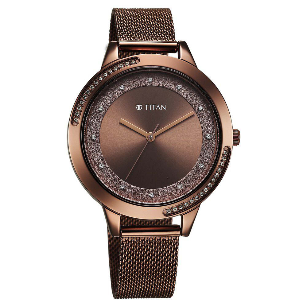 Titan Fashion Brown Dial Stainless Steel Strap Analog Watch For Women