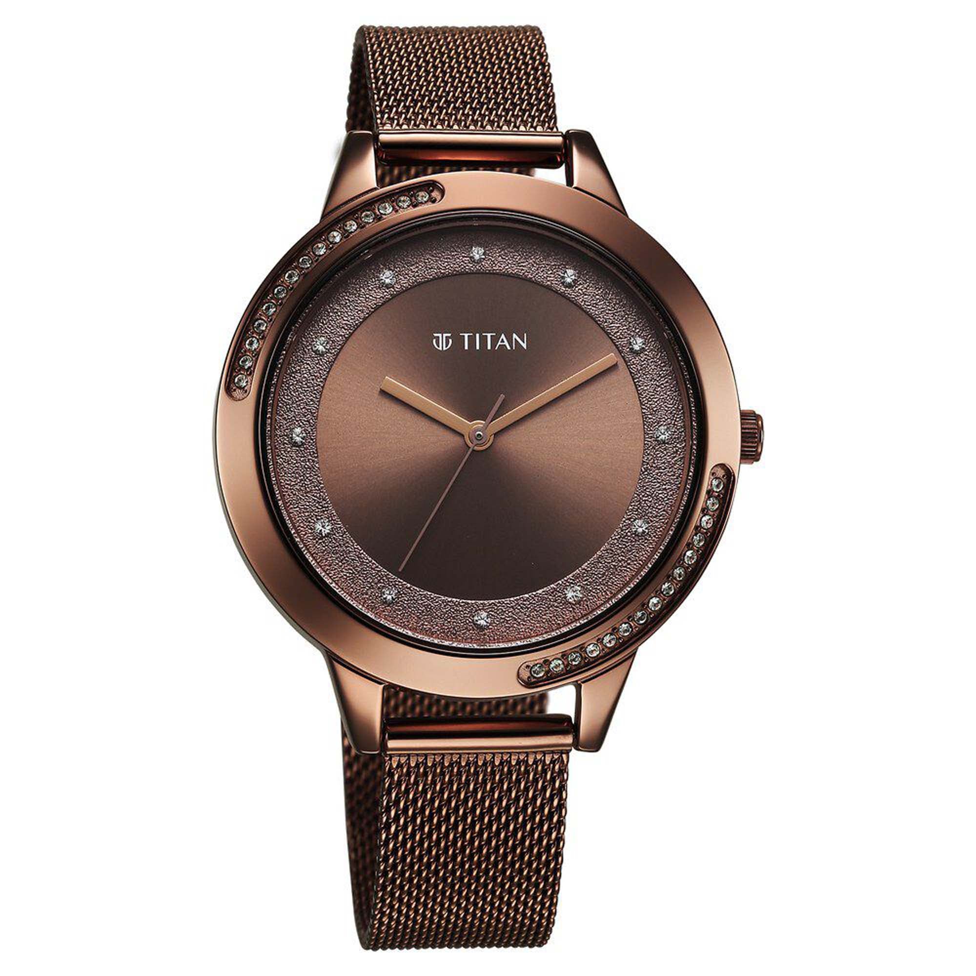 Titan Fashion Brown Dial Stainless Steel Strap Analog Watch For Women