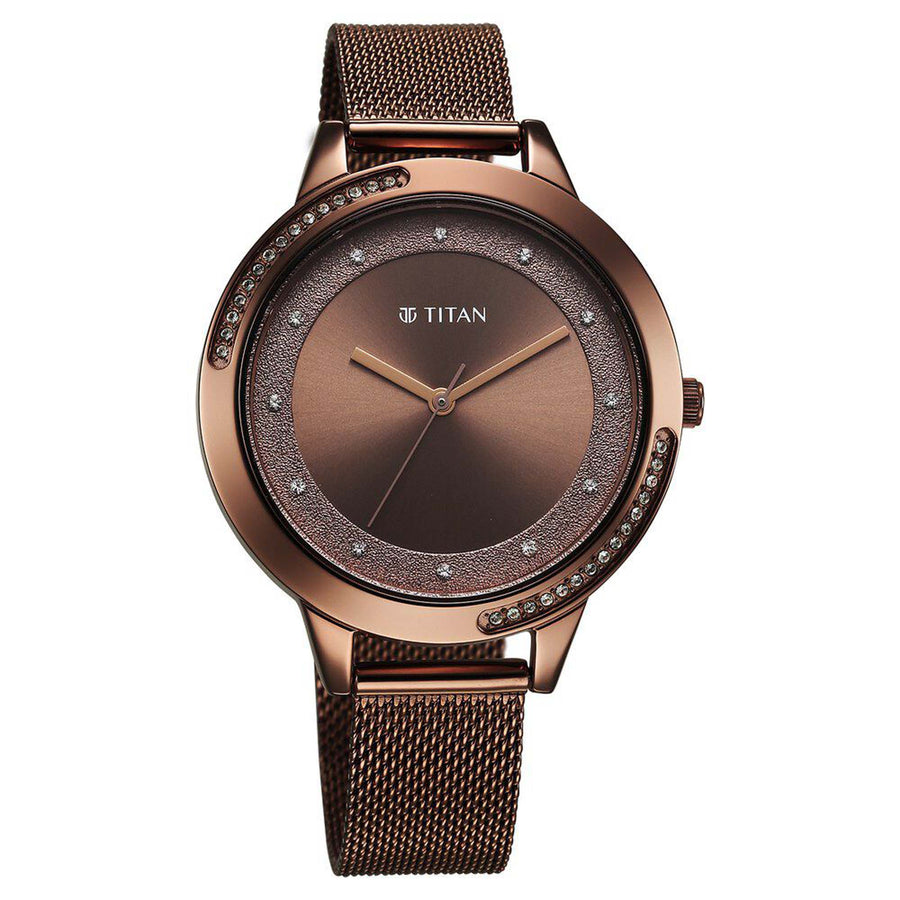 Titan Fashion Brown Dial Stainless Steel Strap Analog Watch For Women