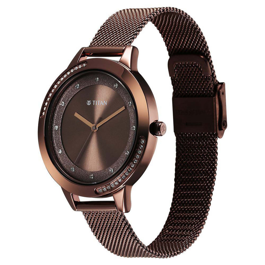 Titan Fashion Brown Dial Stainless Steel Strap Analog Watch For Women