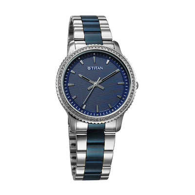 Titan Fashion Blue Dial Two Toned Stainless Steel Strap Analog Watch For Women