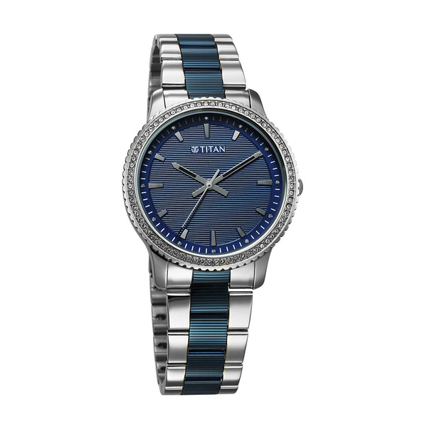 Titan Fashion Blue Dial Two Toned Stainless Steel Strap Analog Watch For Women