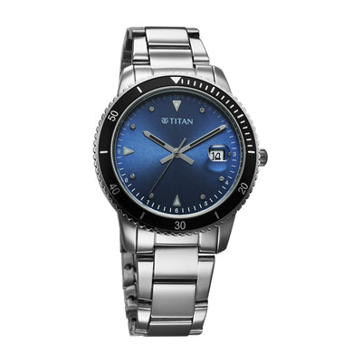 Titan Fashion Blue Dial Silver Stainless Steel Strap Analog with Date Watch For Women