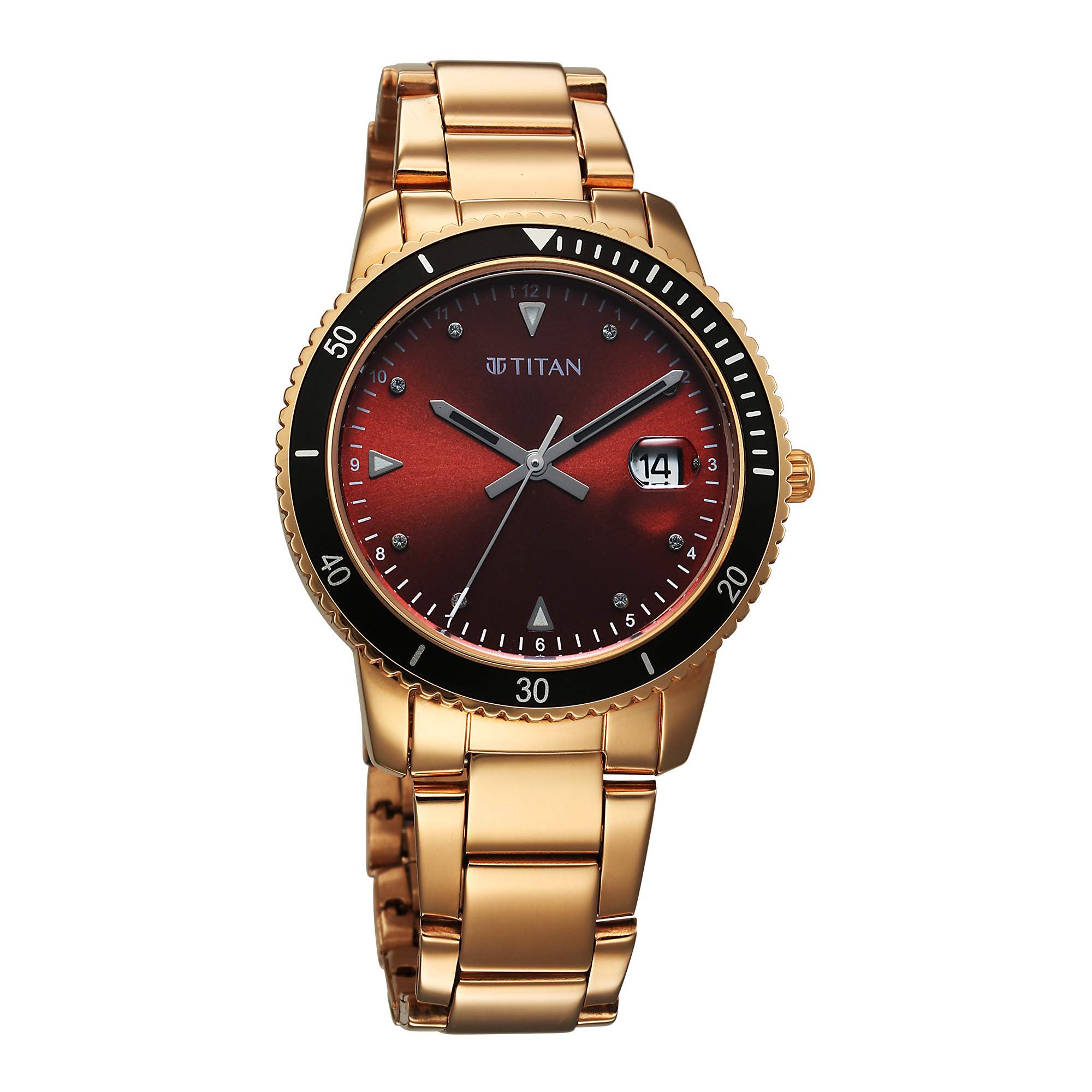 Titan Fashion Red Dial Gold Stainless Steel Strap Analog with Date Watch For Women
