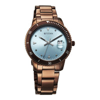 Titan Fashion Blue Dial Gold Stainless Steel Strap Analog with Date Watch For Women