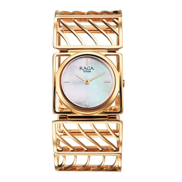 Titan Raga White Mother of Pearl Rectangle Dial Rose Gold Metal Analog Watch for Women 2769WM01