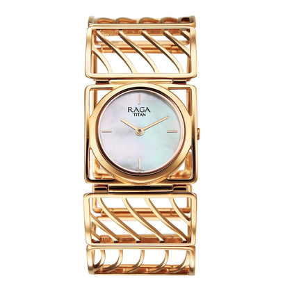 Titan Raga White Mother of Pearl Rectangle Dial Rose Gold Metal Analog Watch for Women 2769WM01