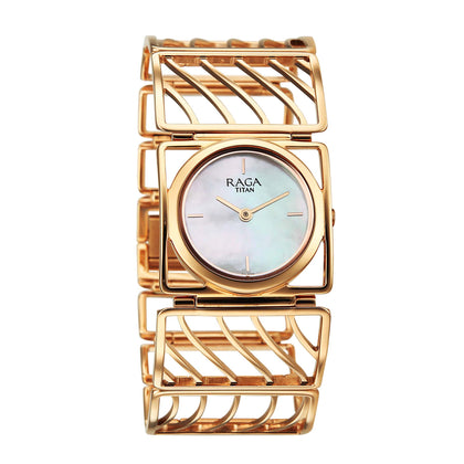 Titan Raga White Mother of Pearl Rectangle Dial Rose Gold Metal Analog Watch for Women 2769WM01