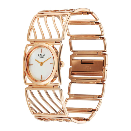 Titan Raga White Mother of Pearl Rectangle Dial Rose Gold Metal Analog Watch for Women 2769WM01
