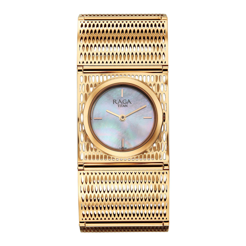 Titan Raga White Mother of Pearl Rectangle Dial Rose Gold Metal Analog Watch for Women 2770WM01