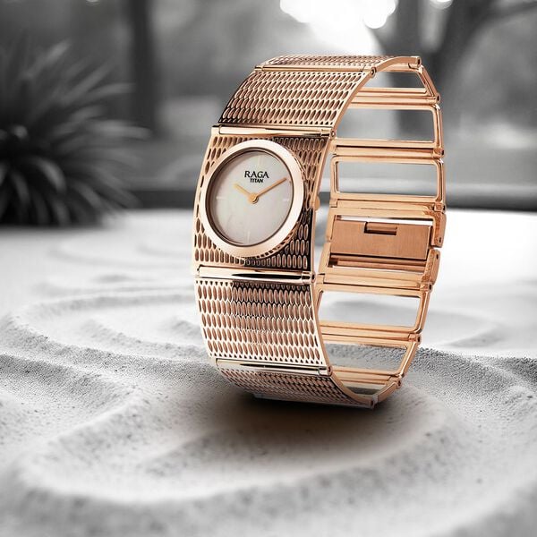 Titan Raga White Mother Of Pearl Rectangular Dial Rose Gold Stainless Steel Strap Analog Watch for Women
