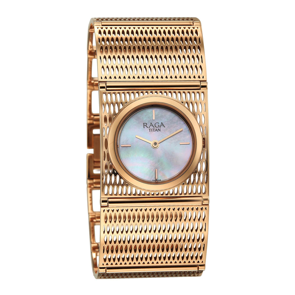 Titan Raga White Mother of Pearl Rectangle Dial Rose Gold Metal Analog Watch for Women 2770WM01