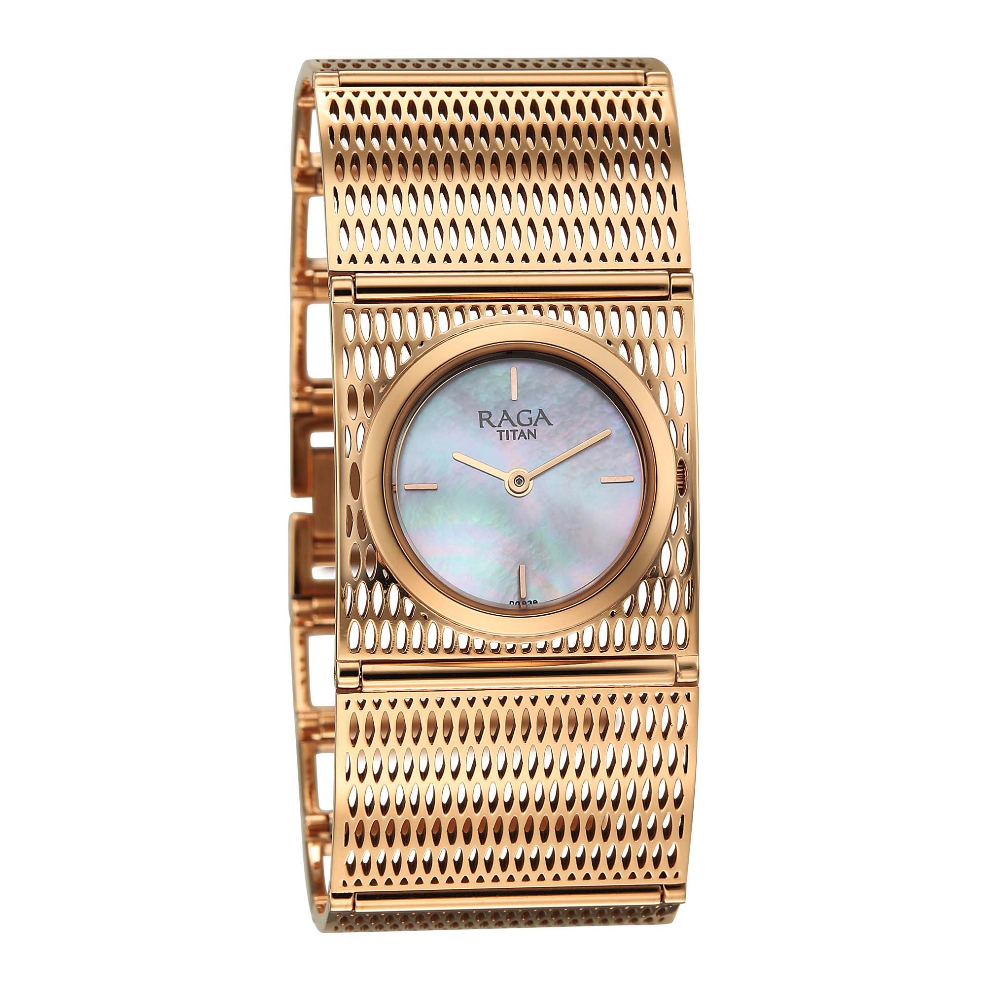 Titan Raga White Mother of Pearl Dial Rose Gold Metal Analog Watch for Women