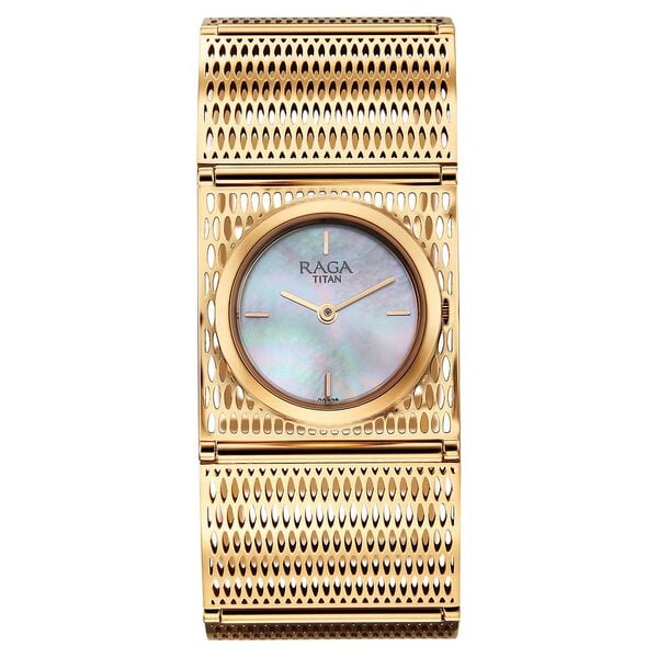 Titan Raga White Mother Of Pearl Rectangular Dial Rose Gold Stainless Steel Strap Analog Watch for Women