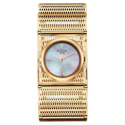 Titan Raga White Mother Of Pearl Rectangular Dial Rose Gold Stainless Steel Strap Analog Watch for Women