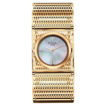 Titan Raga White Mother Of Pearl Rectangular Dial Rose Gold Stainless Steel Strap Analog Watch for Women