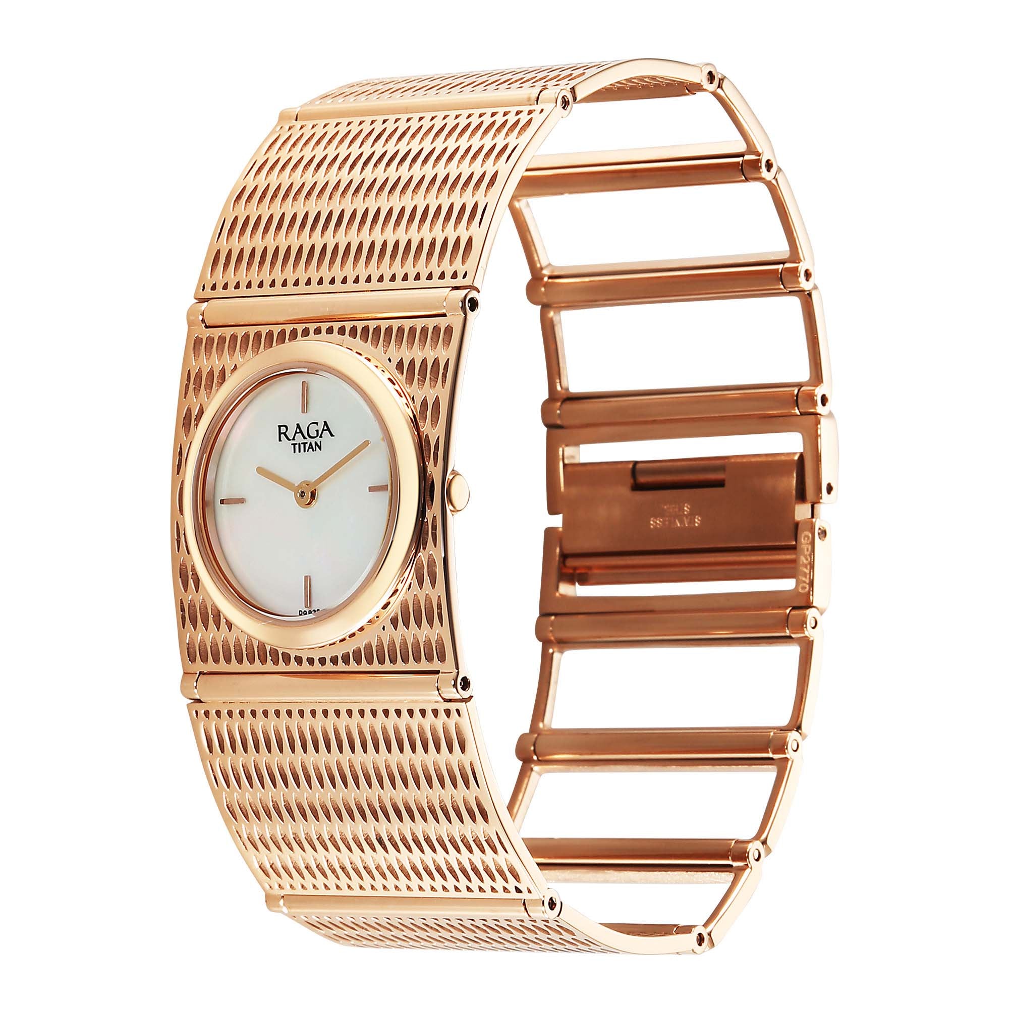 Titan Raga White Mother of Pearl Dial Rose Gold Metal Analog Watch for Women