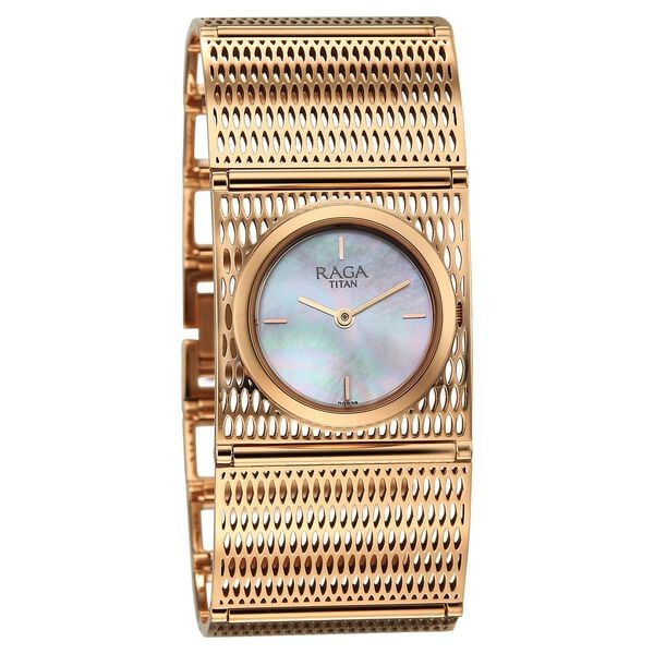 Titan Raga White Mother of Pearl Dial Rose Gold Stainless Steel Strap Analog Watch for Women