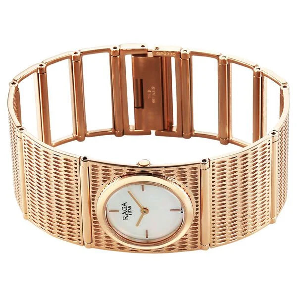 Titan Raga White Mother of Pearl Dial Rose Gold Stainless Steel Strap Analog Watch for Women