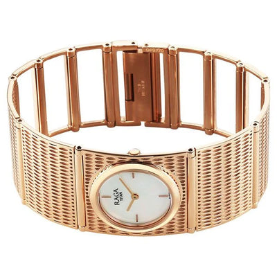 Titan Raga White Mother Of Pearl Rectangular Dial Rose Gold Stainless Steel Strap Analog Watch for Women