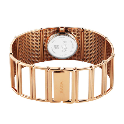 Titan Raga White Mother of Pearl Rectangle Dial Rose Gold Metal Analog Watch for Women 2770WM01