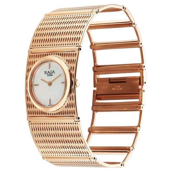 Titan Raga White Mother of Pearl Dial Rose Gold Stainless Steel Strap Analog Watch for Women