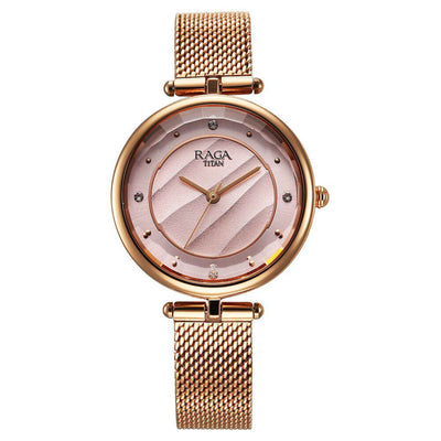 Titan Raga Showstopper Pink Dial Rose Gold Metal Strap Analog Watch For Women