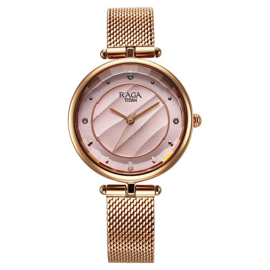 Titan Raga Showstopper Pink Dial Rose Gold Metal Strap Analog Watch For Women