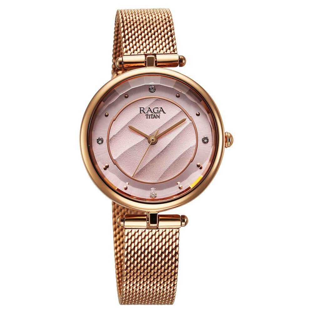 Titan Raga Showstopper Pink Dial Rose Gold Metal Strap Analog Watch For Women