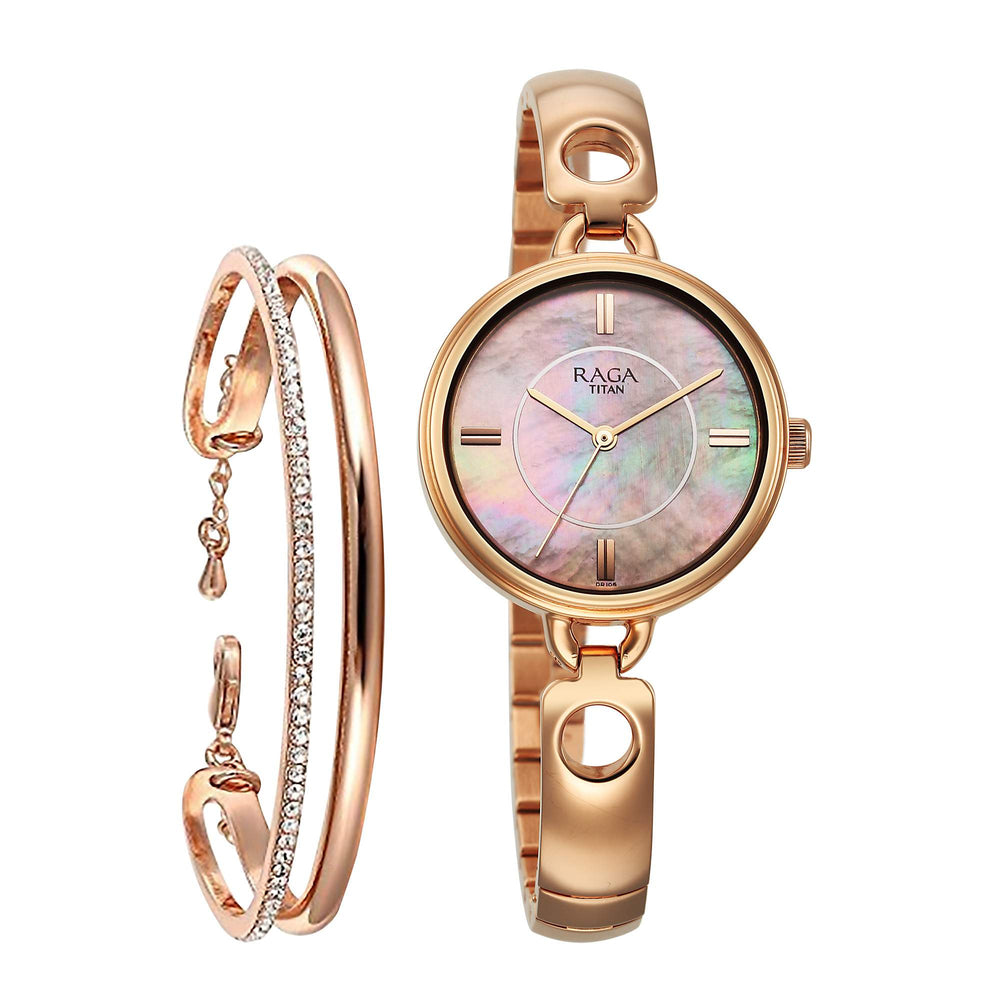 Titan Raga Mother of Pearl Dial Rose Gold Metal Strap Analog Watch for Women