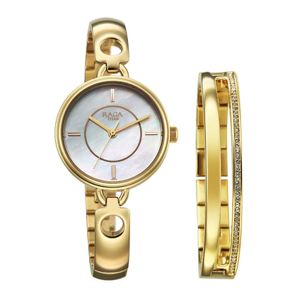 Titan Raga White Mother of Pearl Dial Gold Metal Strap Analog Watch for Women