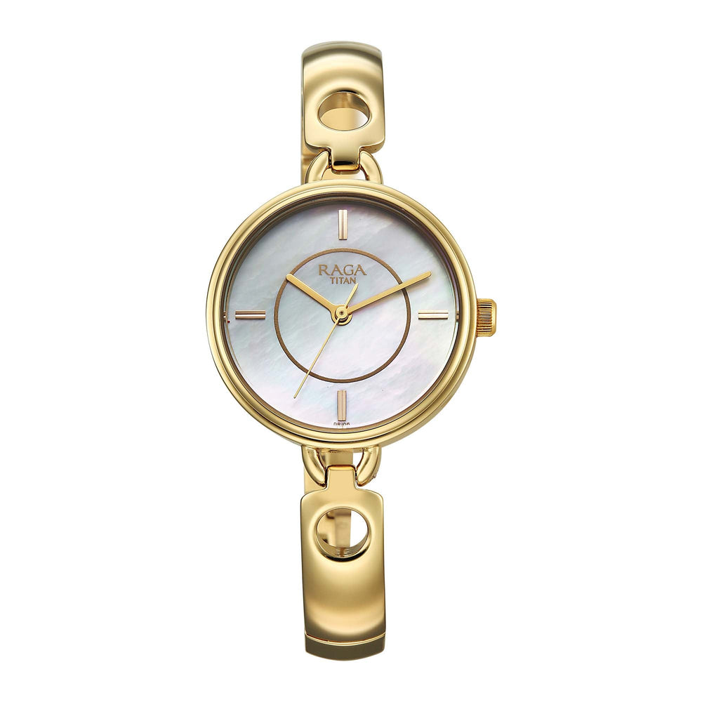 Titan Raga White Mother of Pearl Dial Gold Metal Strap Analog Watch for Women