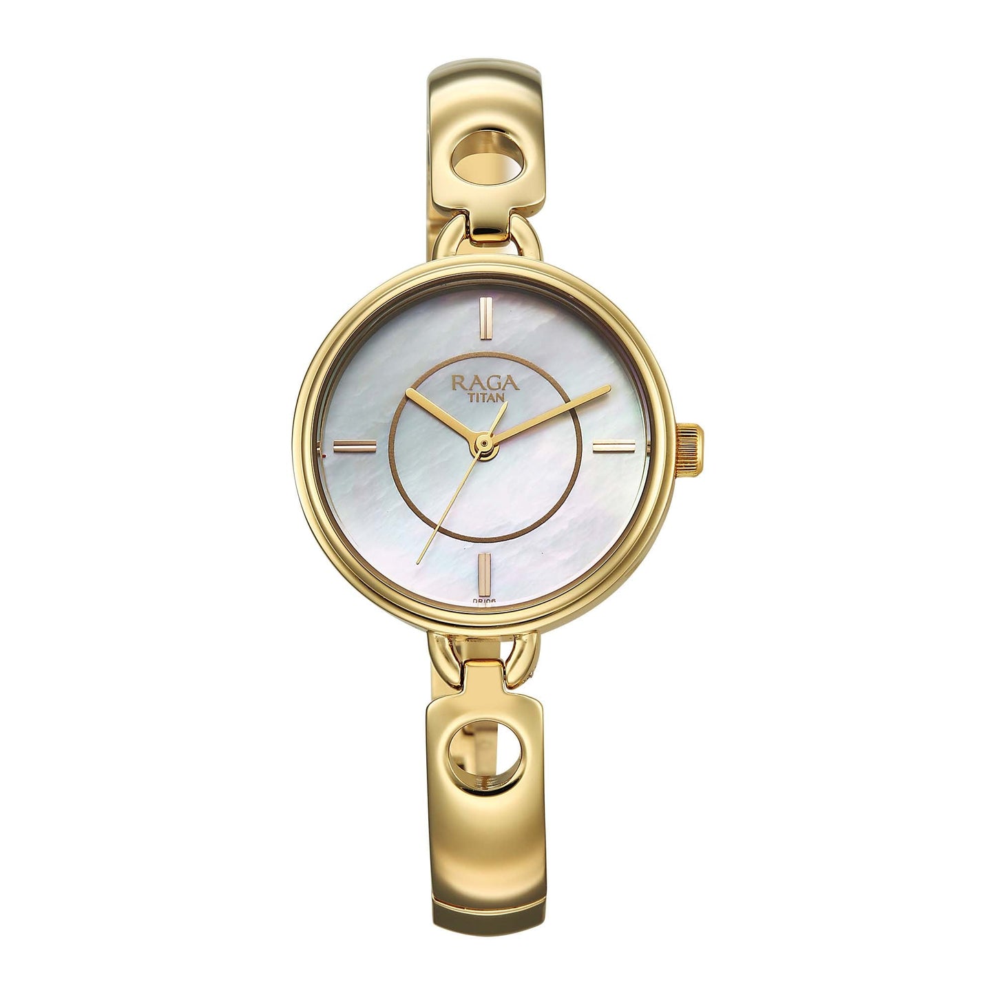 Titan Raga White Mother of Pearl Dial Gold Metal Strap Analog Watch for Women