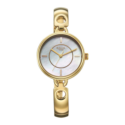 Titan Raga White Mother of Pearl Dial Gold Metal Strap Analog Watch for Women