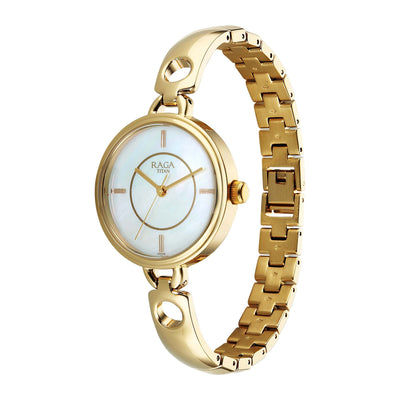 Titan Raga White Mother of Pearl Dial Gold Metal Strap Analog Watch for Women