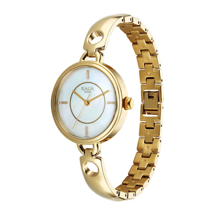 Titan Raga White Mother of Pearl Dial Gold Metal Strap Analog Watch for Women