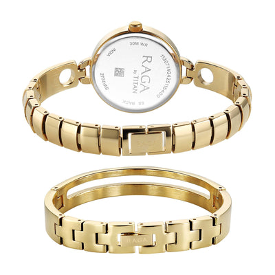 Titan Raga White Mother of Pearl Dial Gold Metal Strap Analog Watch for Women