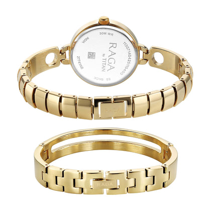 Titan Raga White Mother of Pearl Dial Gold Metal Strap Analog Watch for Women