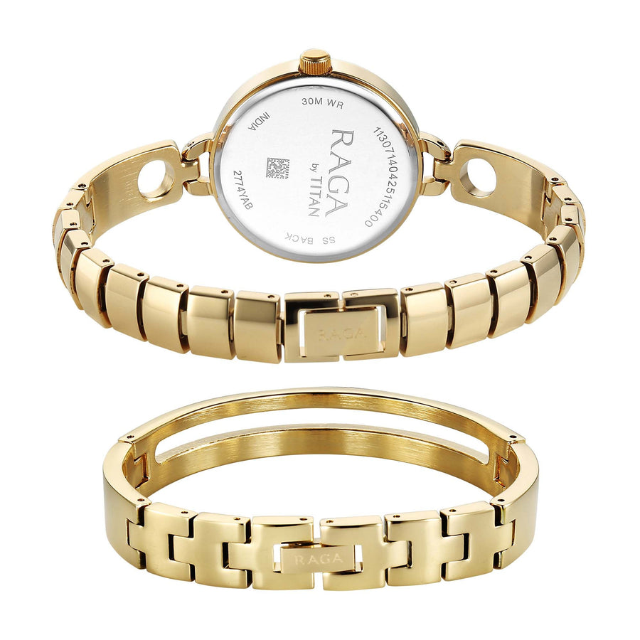 Titan Raga White Mother of Pearl Dial Gold Metal Strap Analog Watch for Women