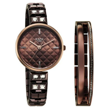 Titan Raga Brown Dial Metal Strap Analog Quartz Watch for Women