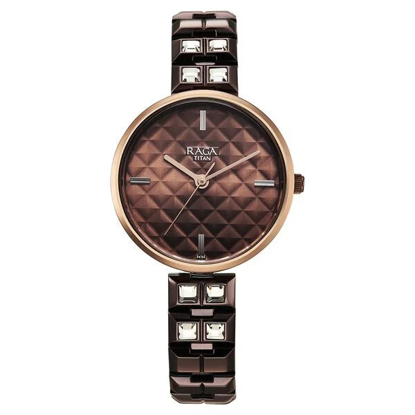Titan Raga Brown Dial Metal Strap Analog Quartz Watch for Women