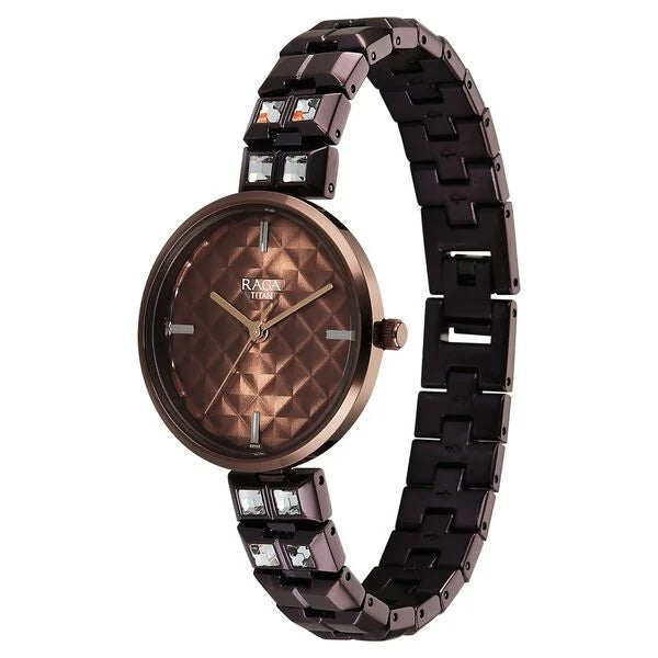 Titan Raga Brown Dial Metal Strap Analog Quartz Watch for Women